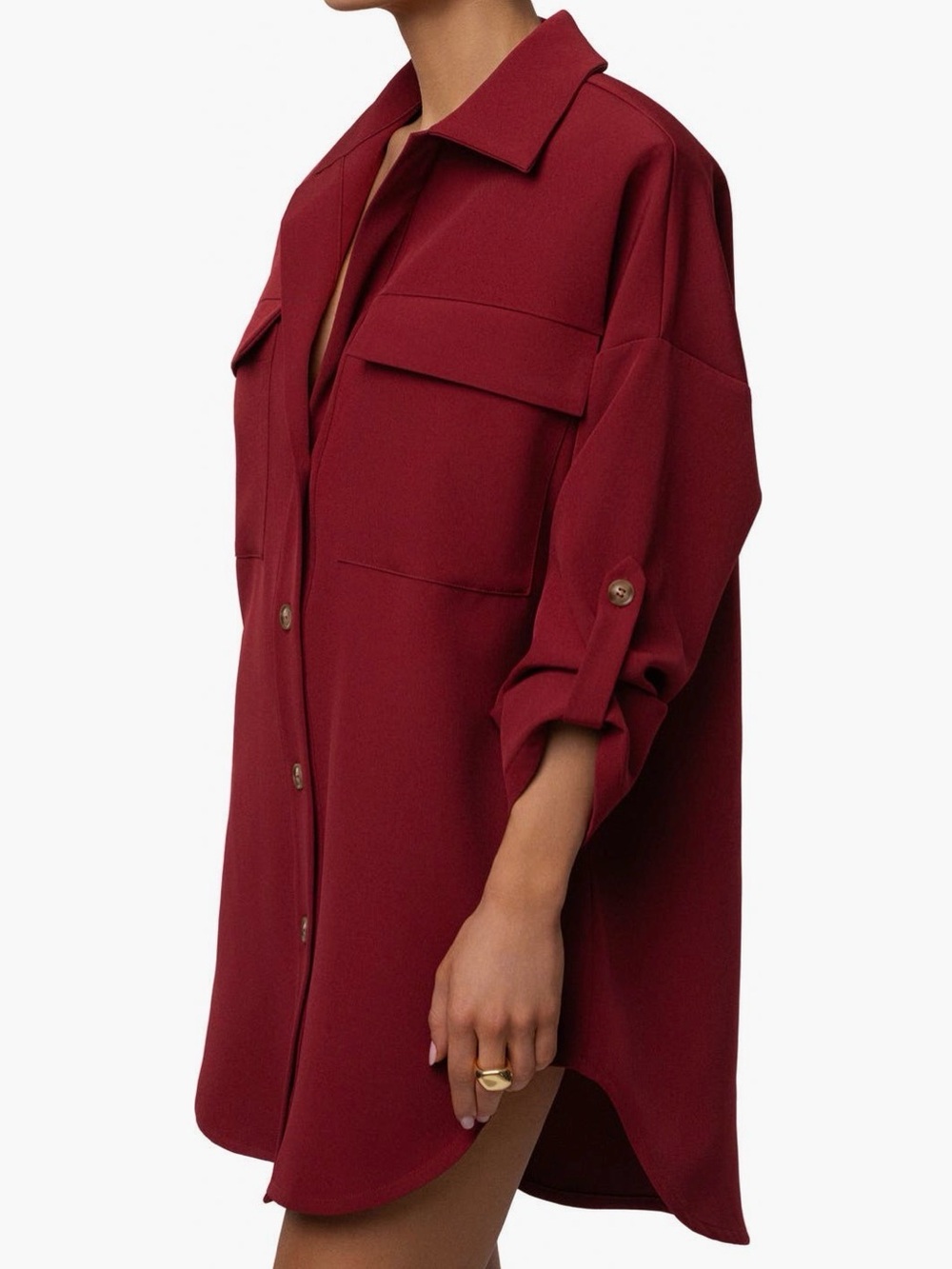 JLUXLABEL Women's Oversized Collared Shirt Dress in Burgundy with shoulder pads